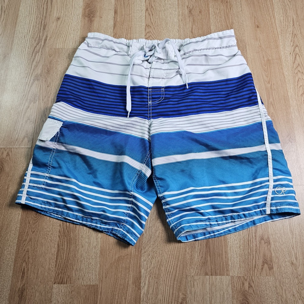OP Ocean Pacific Swim Trunks Mens Large L Blue Striped Board Shorts Cargo Pocket